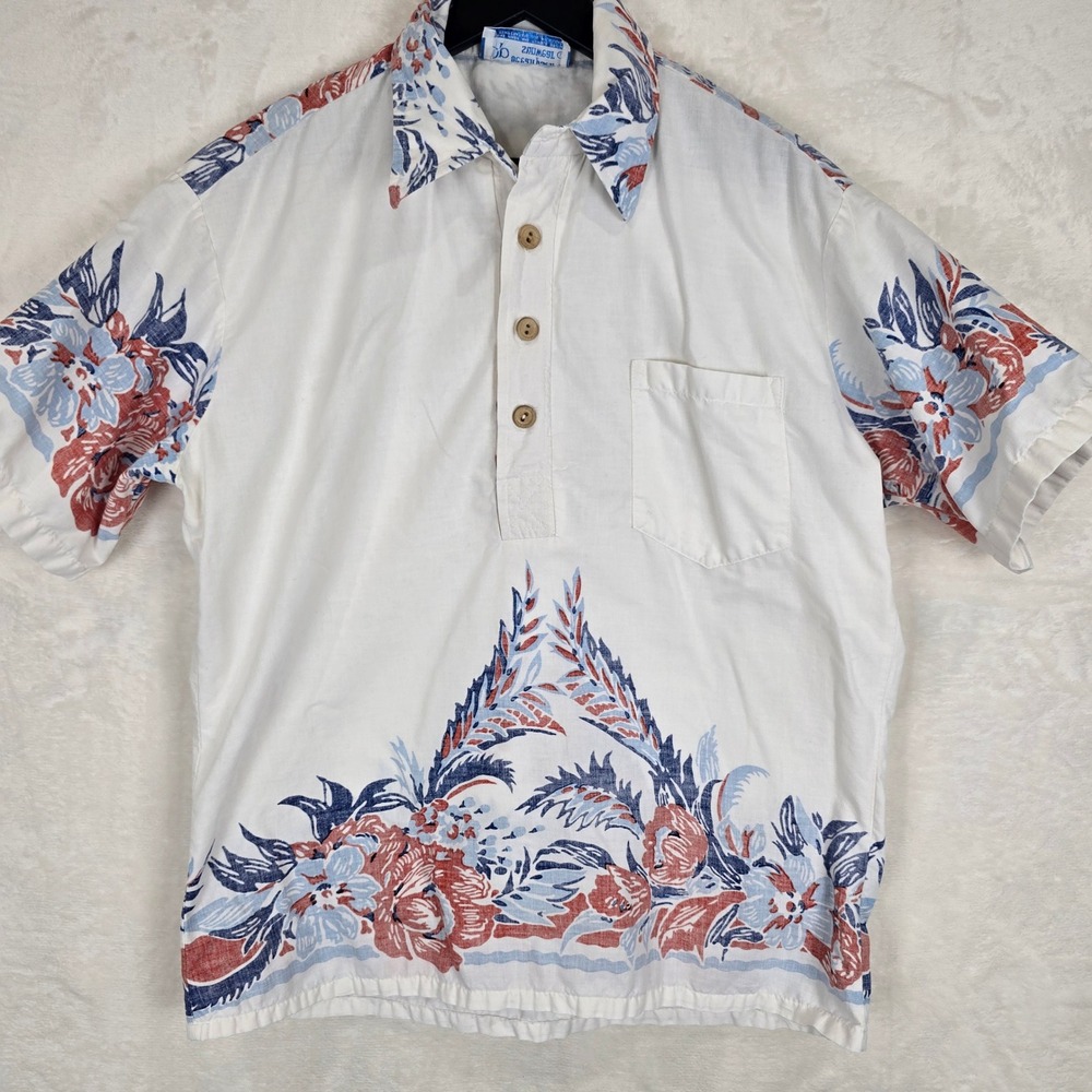 Vintage Ocean Pacific OP Mens White Floral Border Print Polo Shirt Large SL